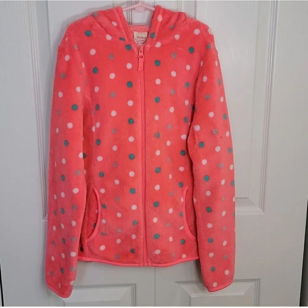 Faded Glory Polka Dot Fleece Hoodie Coat Jacket Sz L (10-12)